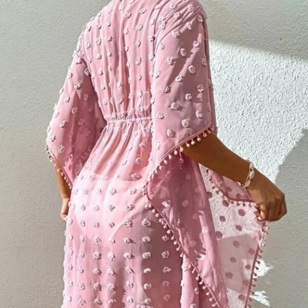 Lace detailed Pom pom Trim Knot Swiss Dot Cover Up Pink - Picture 6 of 6